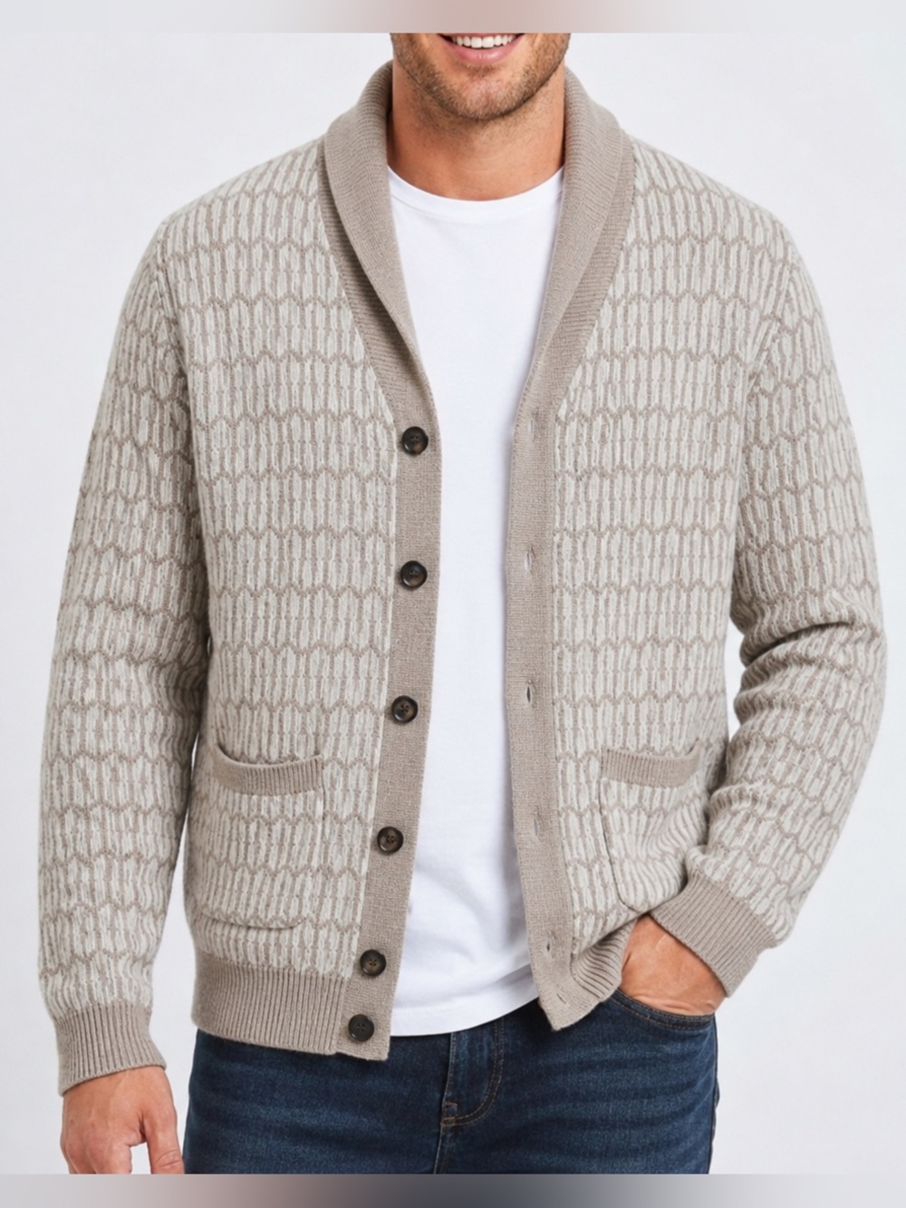 Tasso Elba Men’s Shawl Collar Textured Knit Cardigan Sweater Beige Tan Small